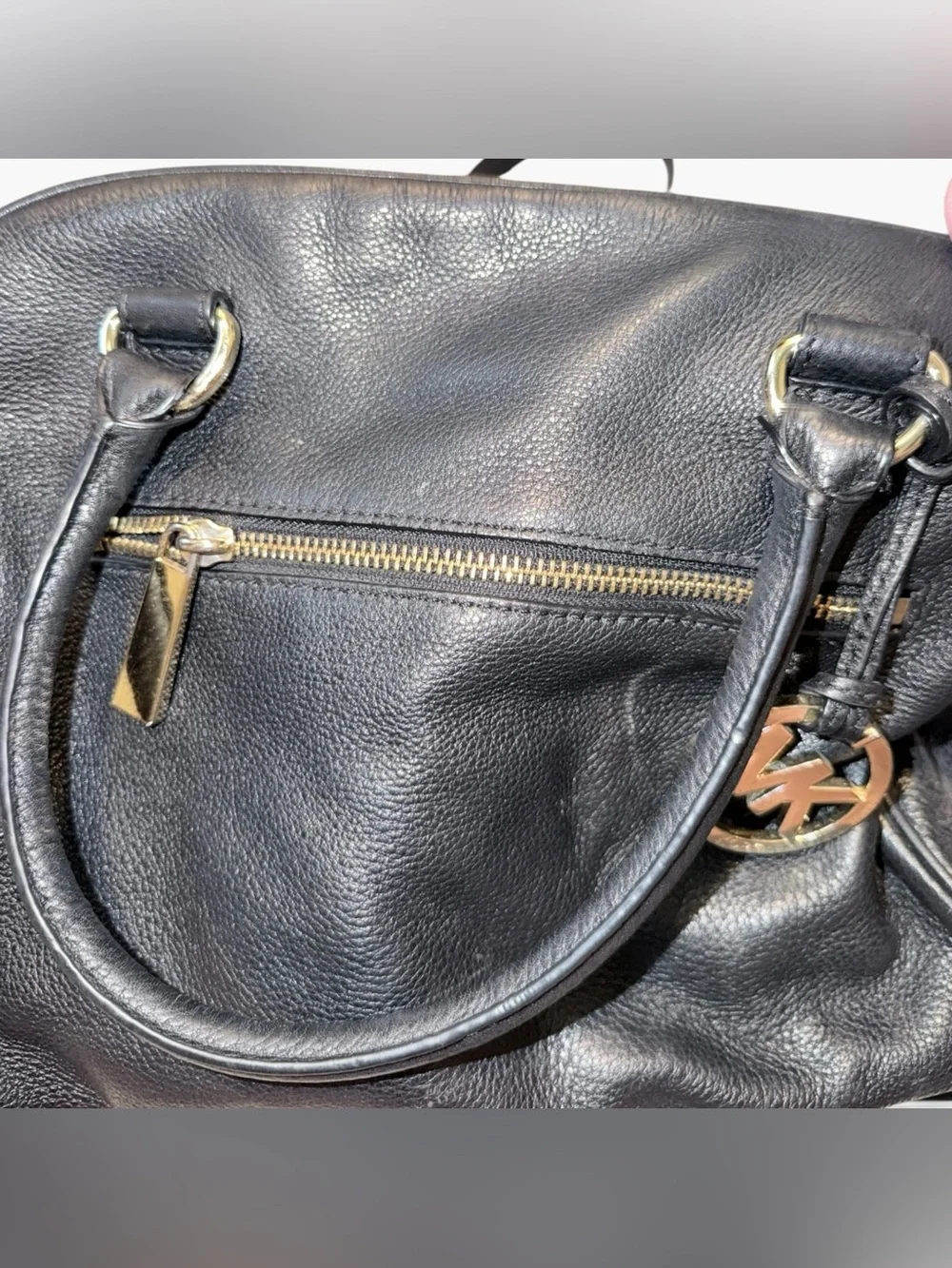 Michael Kors Black Leather Satchel with Gold MK Charm